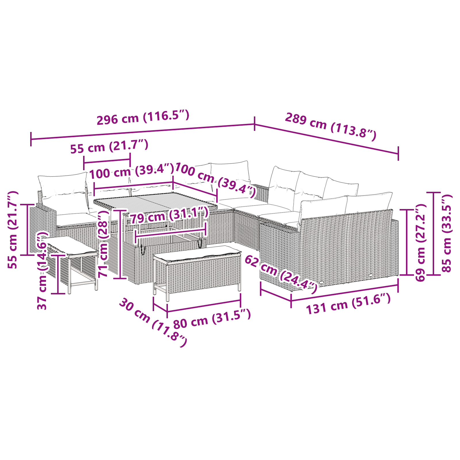 Set di divani da giardino  da 13 pezzi con cuscini in polyrattan nero e acacia