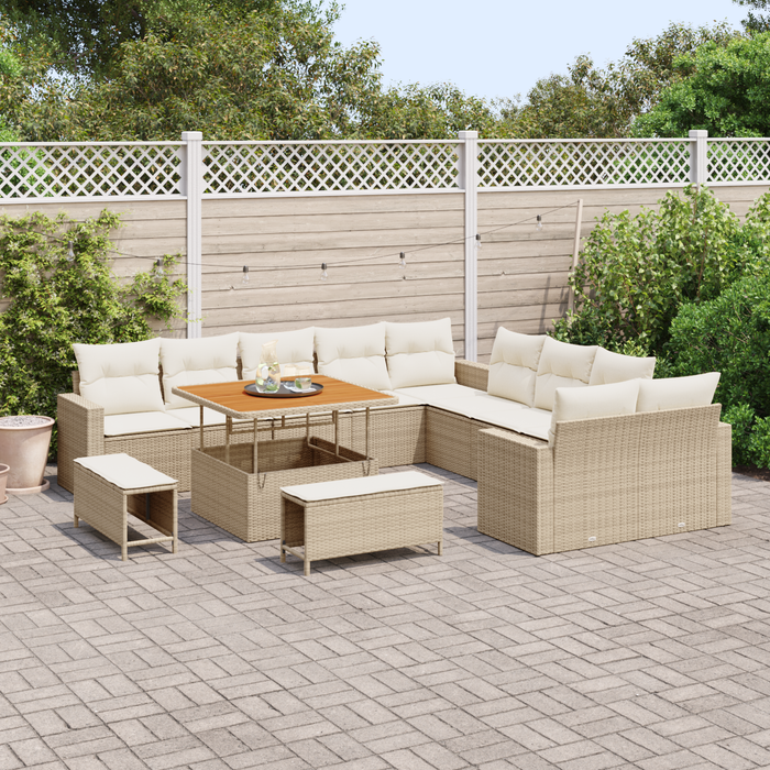 Set di divani da giardino da 13 pezzi con cuscini beige in polyrattan acacia