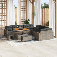 Set divano da giardino da 13 pezzi con cuscini in polyrattan grigio e acacia