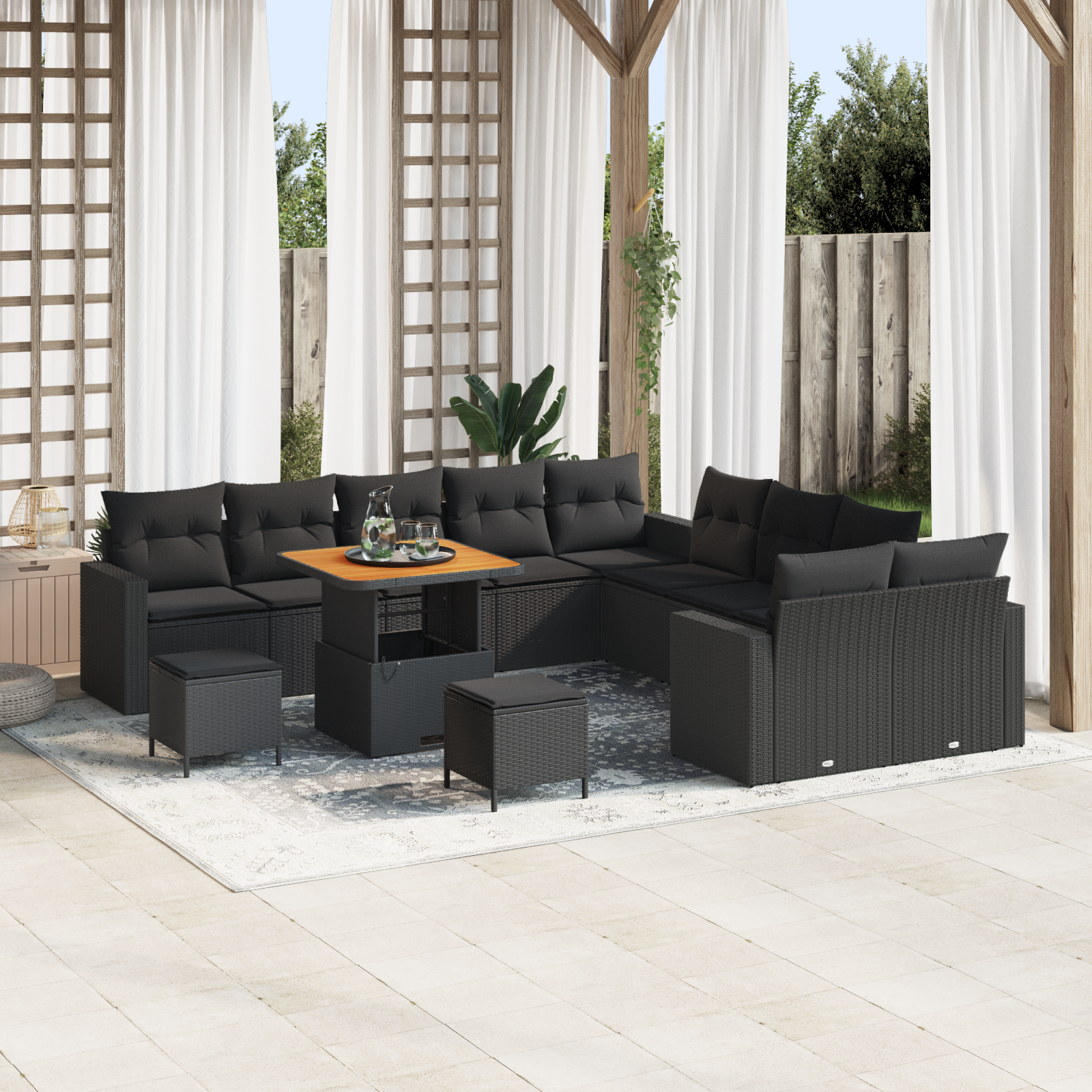 Set Divano da Giardino  13 Pezzi con Cuscini Rattan Polyrattan Nero Acacia