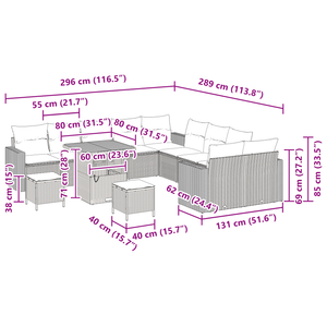 Set di divani da giardino  13 pezzi con cuscini neri in polyrattan e acacia