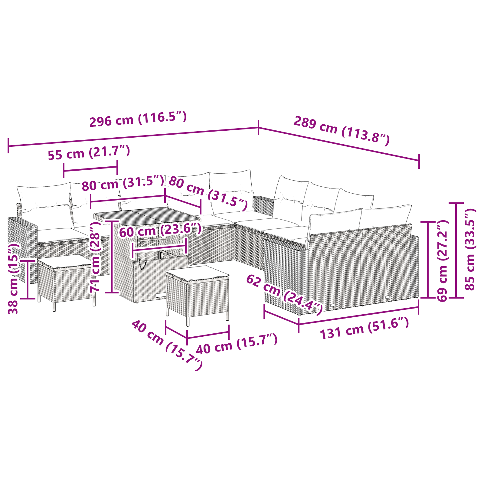 Set Divano da Giardino  13 Pezzi con Cuscini Beige Rattan Polietilene Acacia