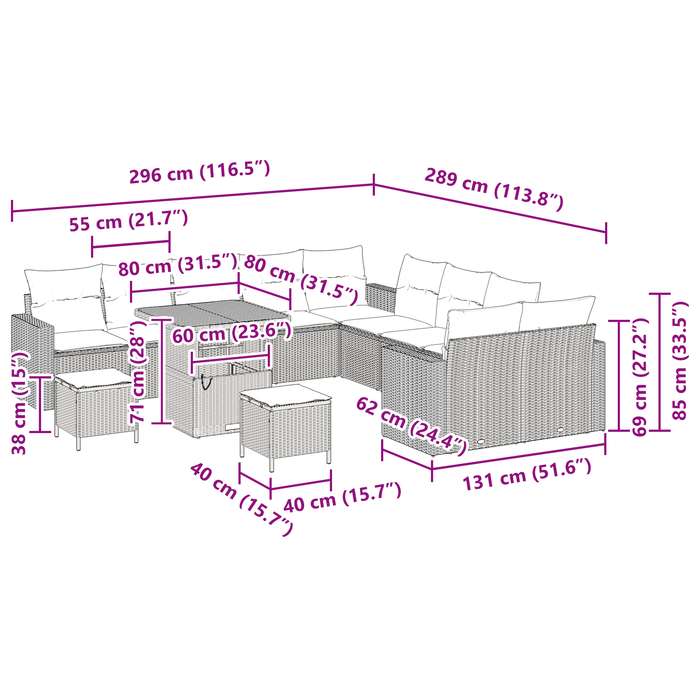 Set Divano da Giardino  13 Pezzi con Cuscini Beige Rattan Polietilene Acacia