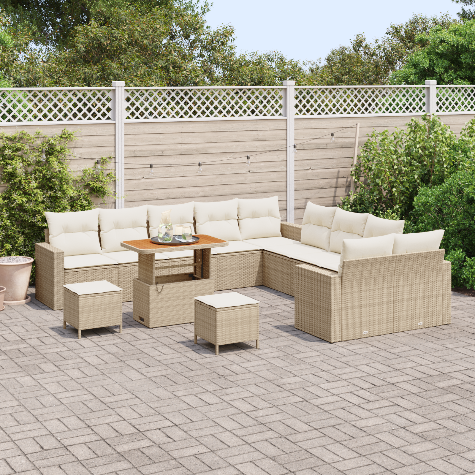 Set Divano da Giardino  13 Pezzi con Cuscini Beige Polyrattan Acacia