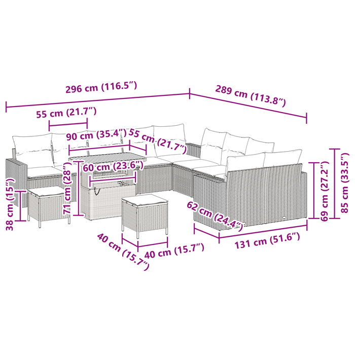 Set Divano da Giardino  13 Pezzi con Cuscini Beige Polyrattan Acacia