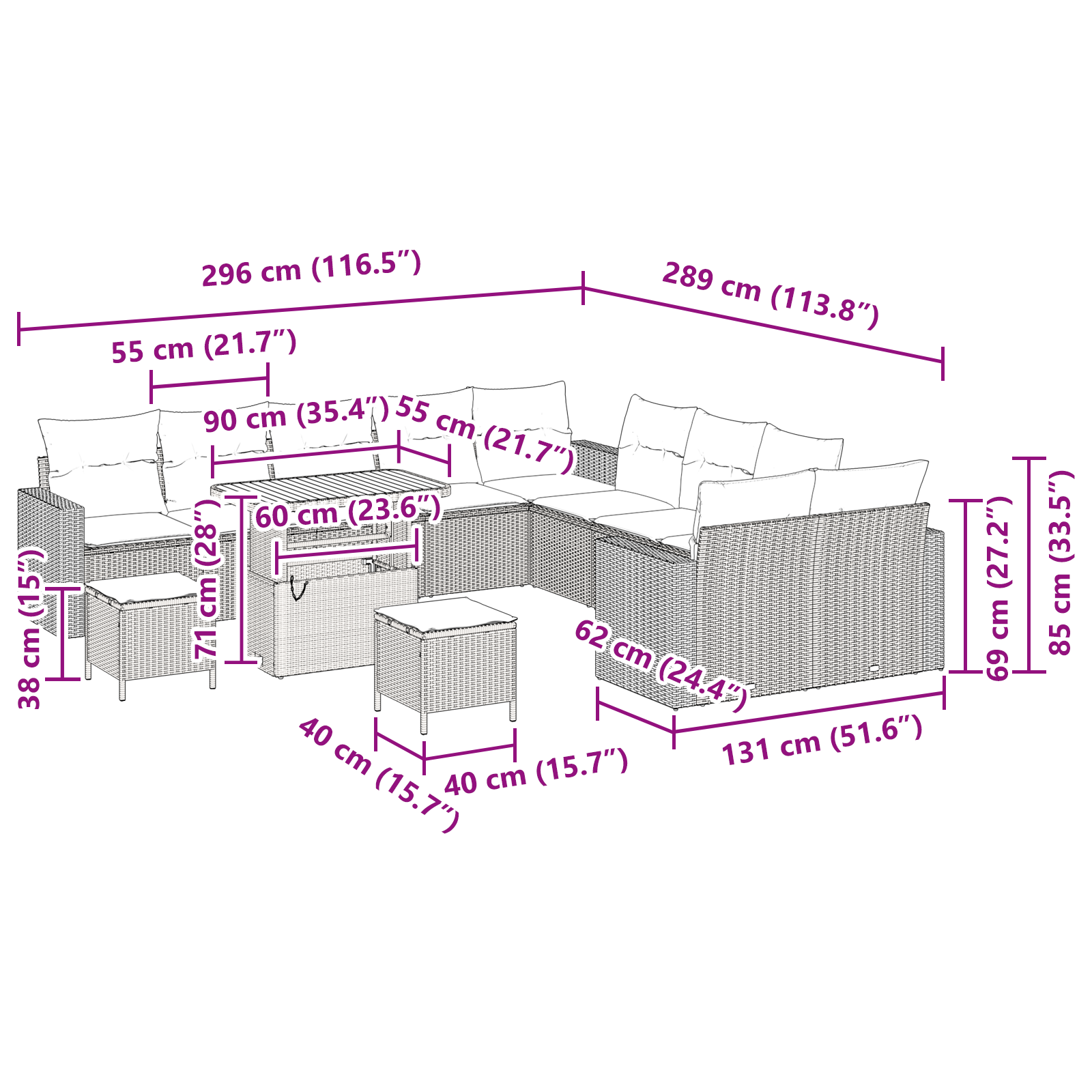 Set divano da giardino da 13 pezzi con cuscini in rattan polyrattan grigio acacia