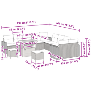 Set divano da giardino da 13 pezzi con cuscini in rattan polyrattan grigio acacia