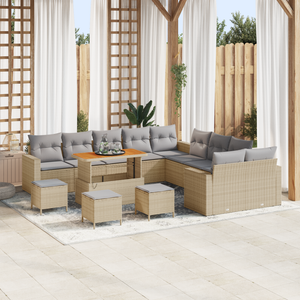 Set Divano da Giardino  14 Pezzi con Cuscini Beige Poli Rattan Acacia