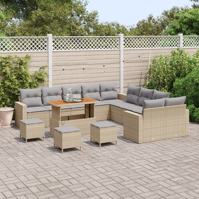 Set Divano da Giardino  14 Pezzi con Cuscini Beige Poli Rattan Acacia