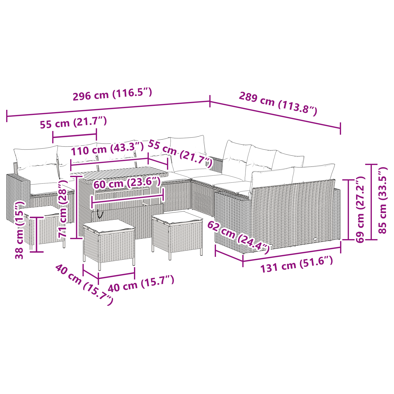 Set Divano da Giardino  14 Pezzi con Cuscini Beige Poli Rattan Acacia