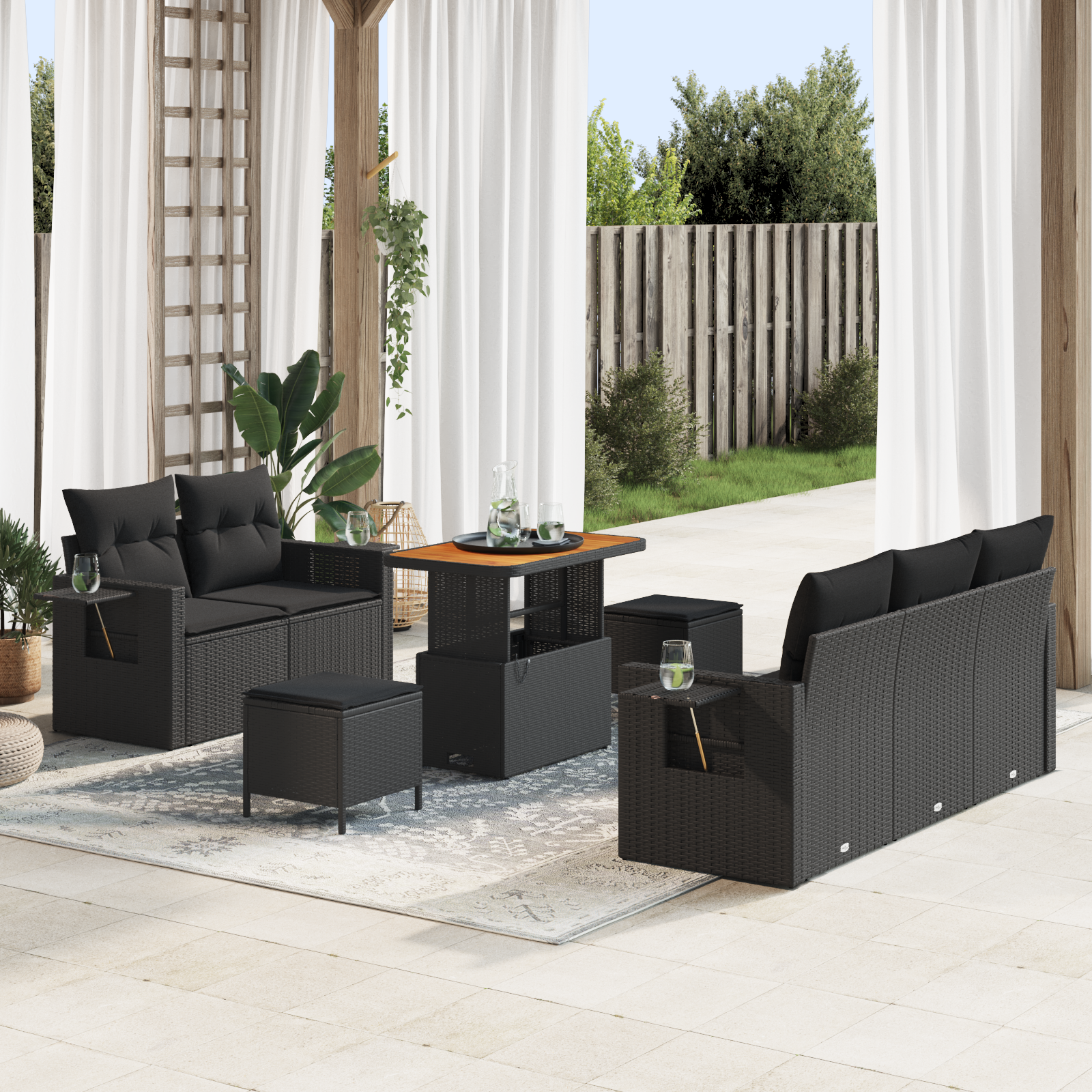 Set divano da giardino modulare a 8 pezzi con cuscini Nero Polyrattan Acacia