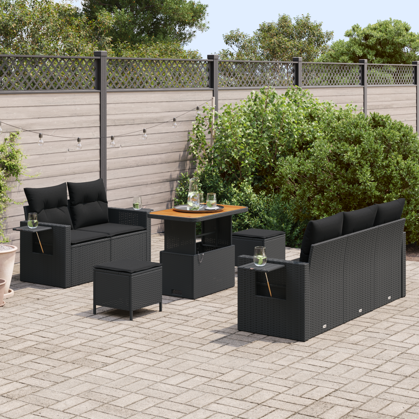 Set divano da giardino modulare a 8 pezzi con cuscini Nero Polyrattan Acacia