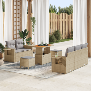Set Divano da Giardino da 8 Pezzi con Cuscini Beige Rattan Poliestere