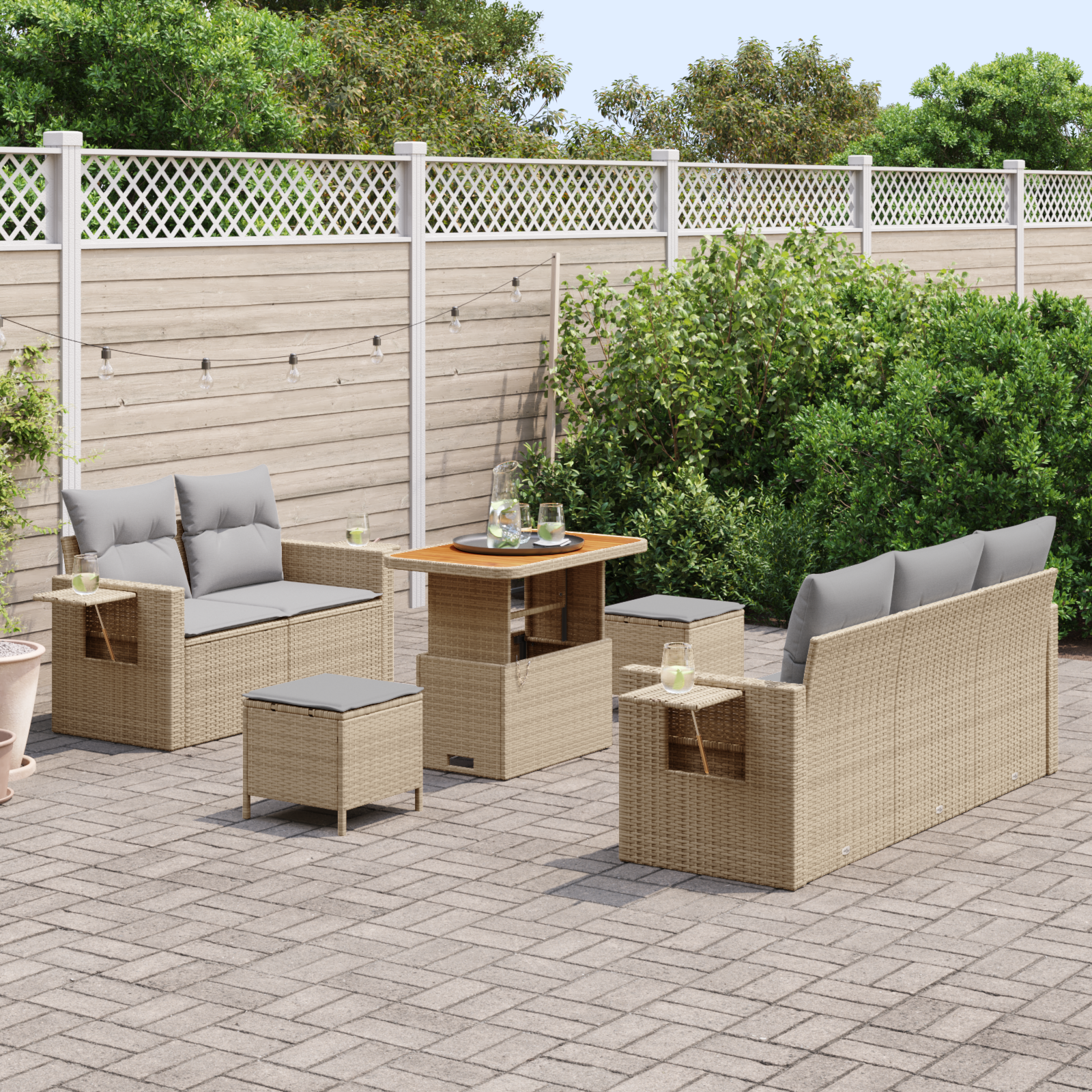 Set Divano da Giardino da 8 Pezzi con Cuscini Beige Rattan Poliestere