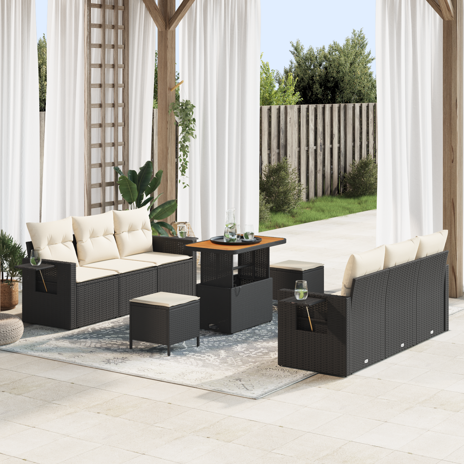 Set Divano Giardino 9 Pezzi con Cuscini Rattan Polyrattan Acacia Nero