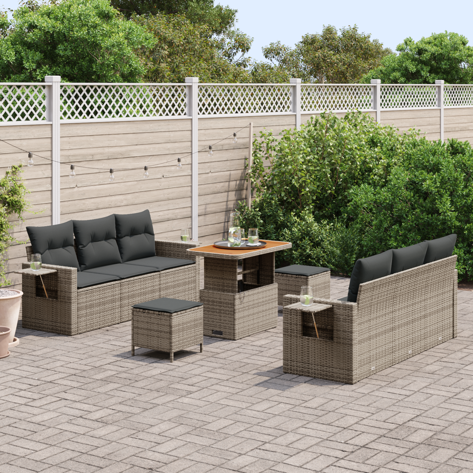 Set Divano da Giardino con Cuscini Grigio Rattan in Poliolefine Acacia