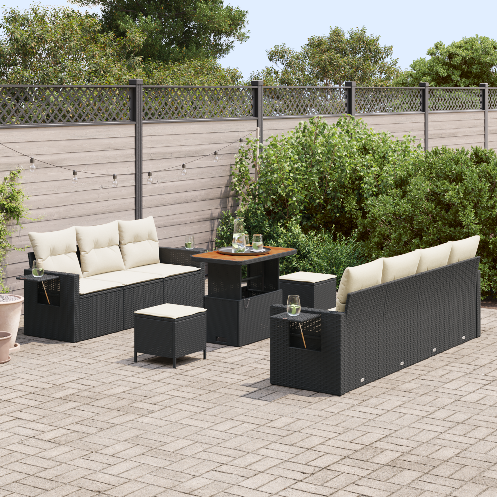 Set Divano da Giardino  10 Pezzi con Cuscini Polyrattan Nero Acacia