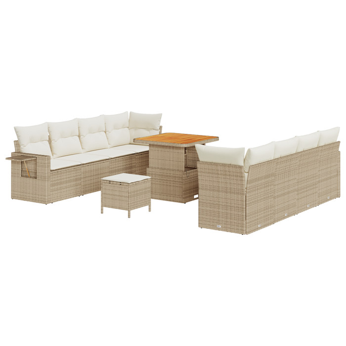 Set divani giardino 11 pezzi con cuscini beige in rattan polietilene acacia