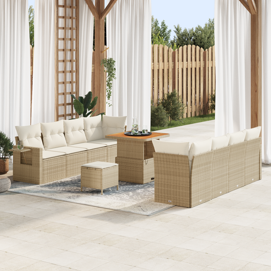 Set divani giardino 11 pezzi con cuscini beige in rattan polietilene acacia
