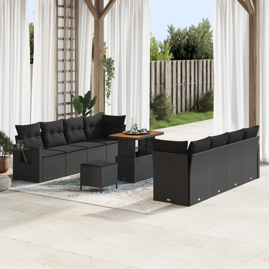 Set di divano da giardino 11 pezzi con cuscini Nero Polyrattan Acacia