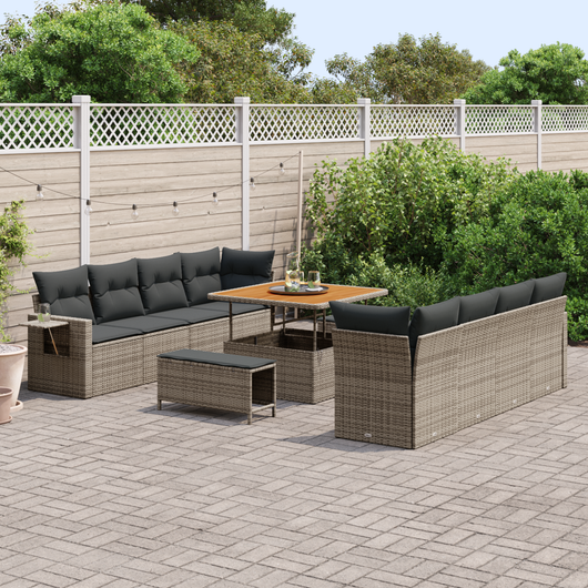 Set Divano da Giardino da 11 Pezzi con Cuscini Grigio Polirattan Acacia