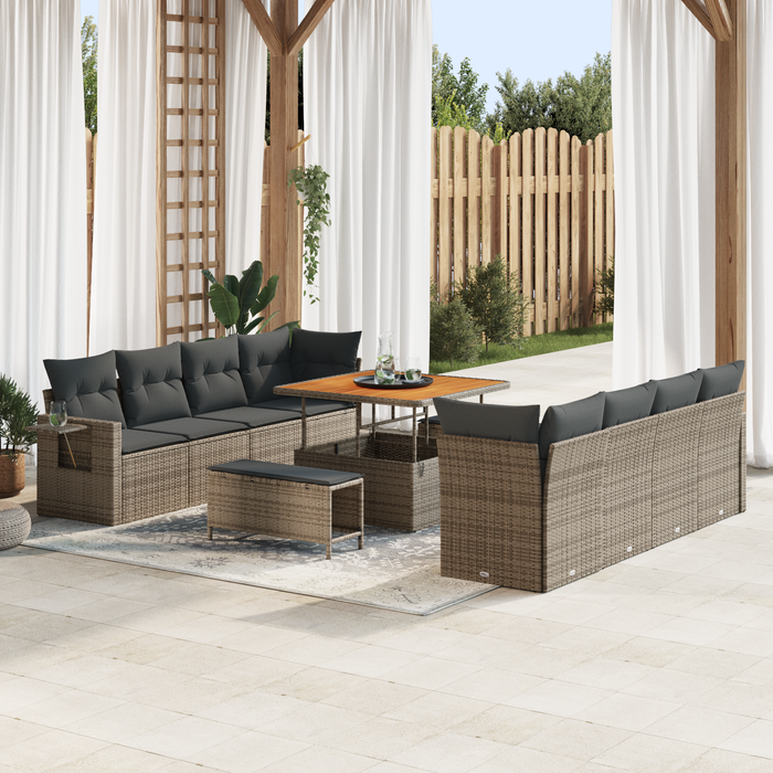 Set Divano da Giardino da 11 Pezzi con Cuscini Grigio Polirattan Acacia