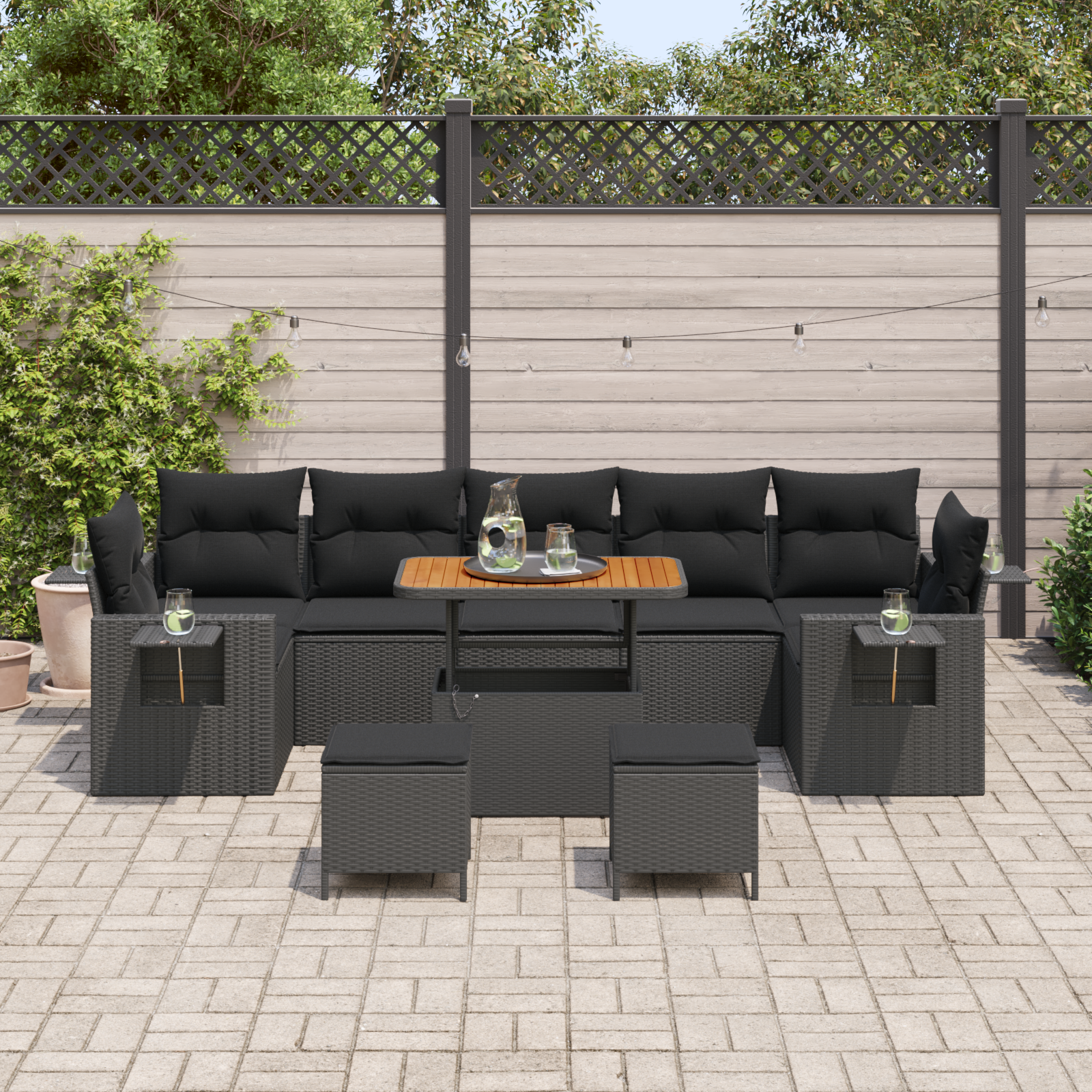 Set di Divani da Giardino con Cuscini da 10 Pezzi Polyrattan Nero Acacia