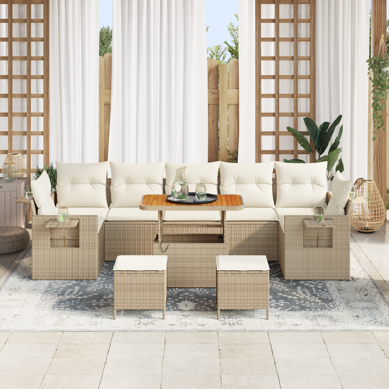 Set Divano da Giardino 10 Pezzi con Cuscini Rattan Beige Polietilene Acacia