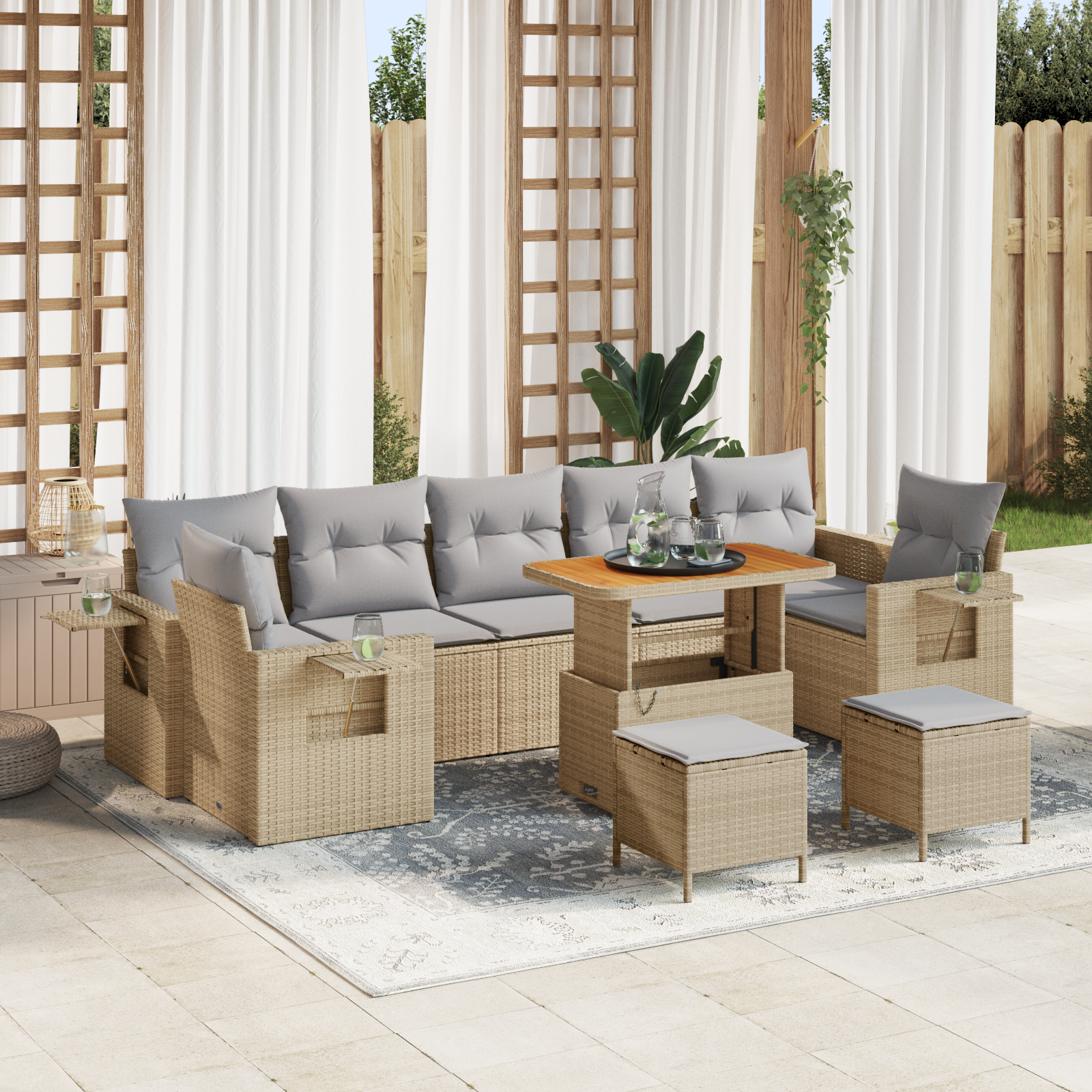 Set Divano da Giardino in 10 Pezzi con Cuscini Beige Rattan Polietilene Acacia