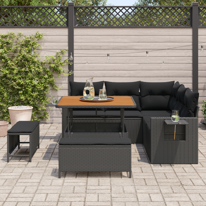 Set di Divani da Giardino 8 Pezzi con Cuscini Nero Rattan Poliestere Acacia