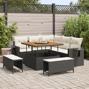 Set di divani da giardino da 8 pezzi con cuscini Nero Polirattan Acacia