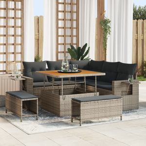 Set Divano da Giardino da 8 Pezzi con Cuscini Grigi in Polyrattan Acacia