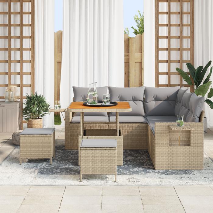 Set di Divano da Giardino  8 Pezzi con Cuscini Beige Poly Rattan Acacia