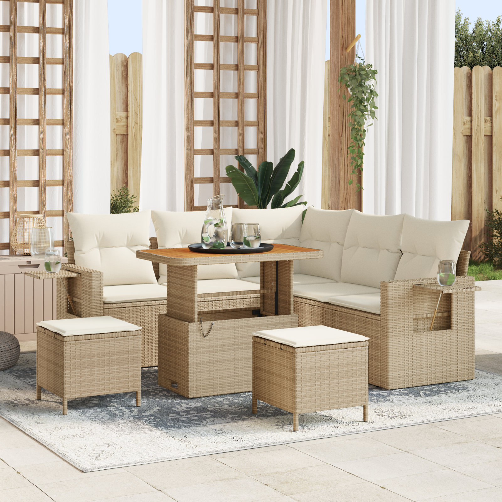 Set Divano da Giardino  8 Pezzi con Cuscini Beige Polyrattan Acacia
