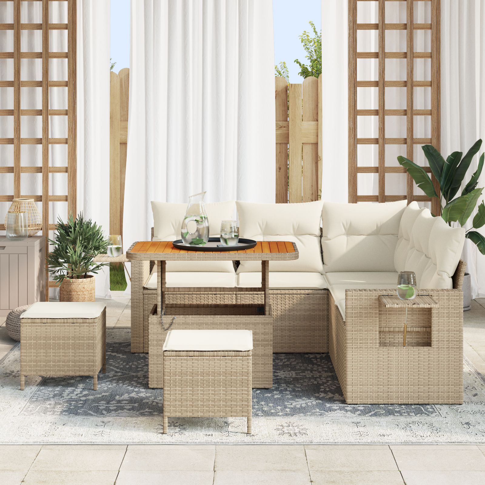 Set Divano da Giardino  8 Pezzi con Cuscini Beige Polyrattan Acacia