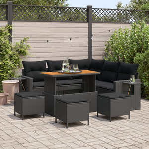 Set Divano Giardino 9 Pezzi con Cuscini - Polyrattan Nero Acacia