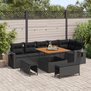 Set da Giardino  9 Pezzi con Cuscini Nero Polyrattan Acacia