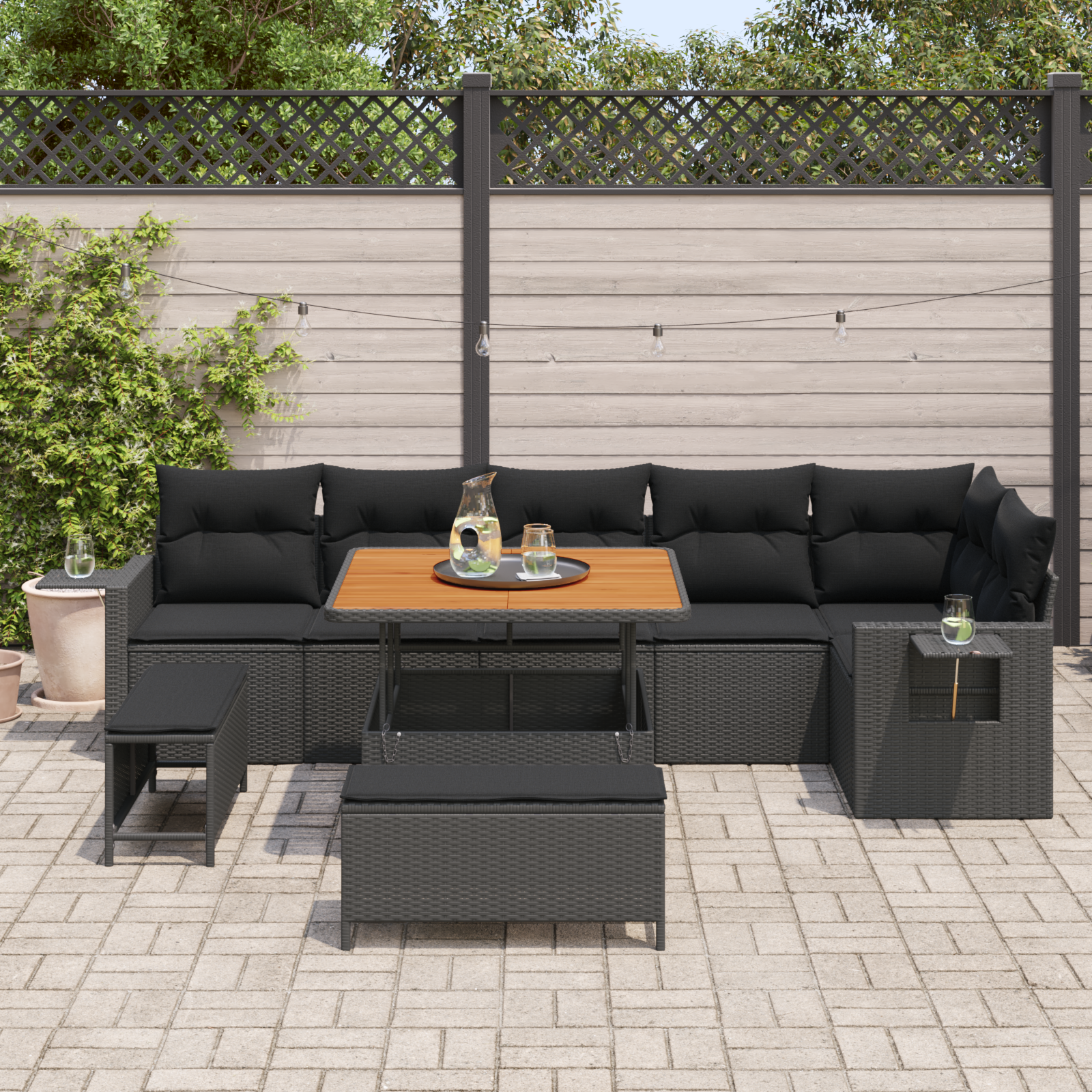 Set da Giardino  9 Pezzi con Cuscini Nero Polyrattan Acacia