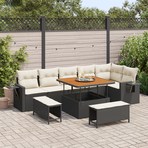 Set Divano da Giardino 9 Pezzi con Cuscini Nero Rattan Polietilene Acacia