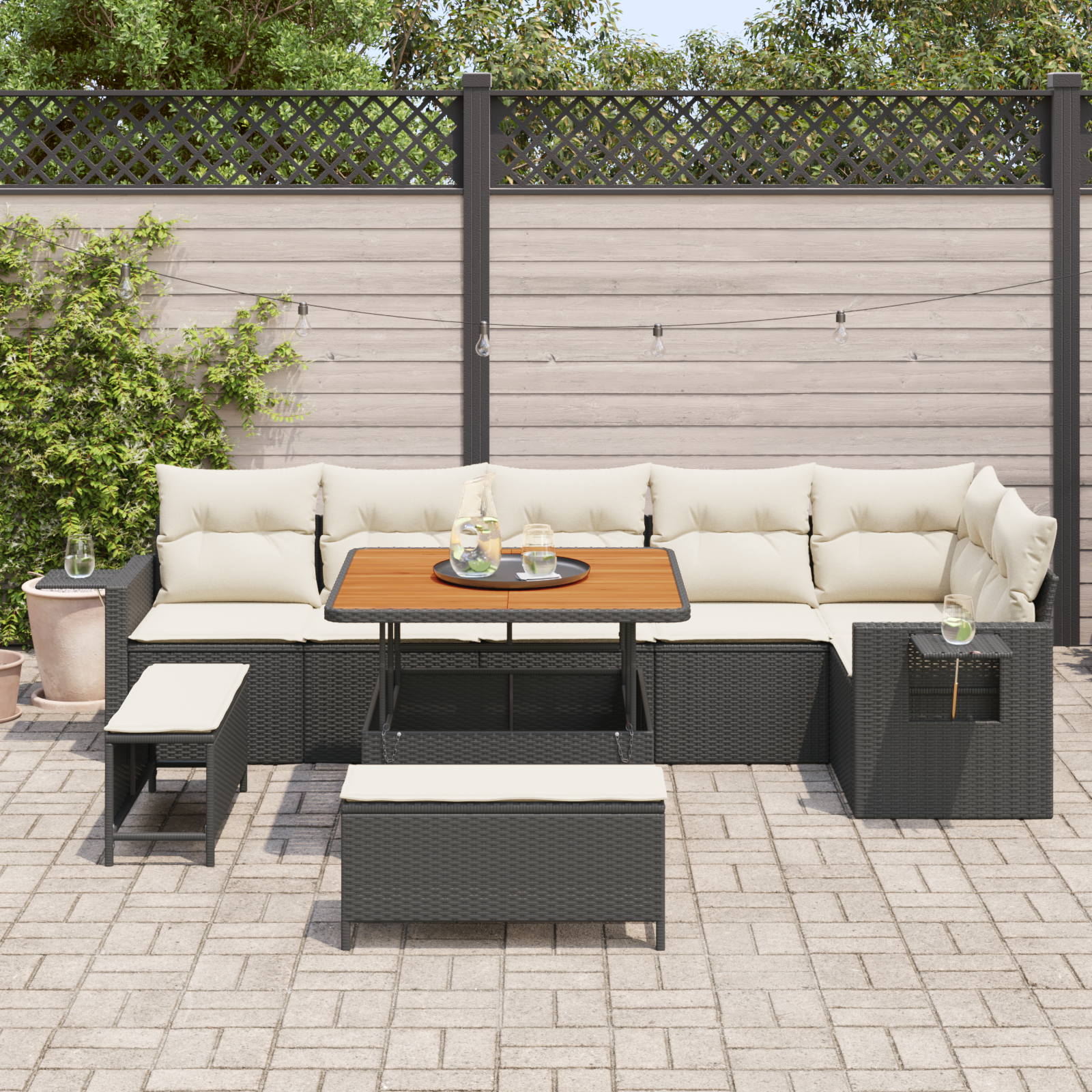 Set Divano da Giardino 9 Pezzi con Cuscini Nero Rattan Polietilene Acacia