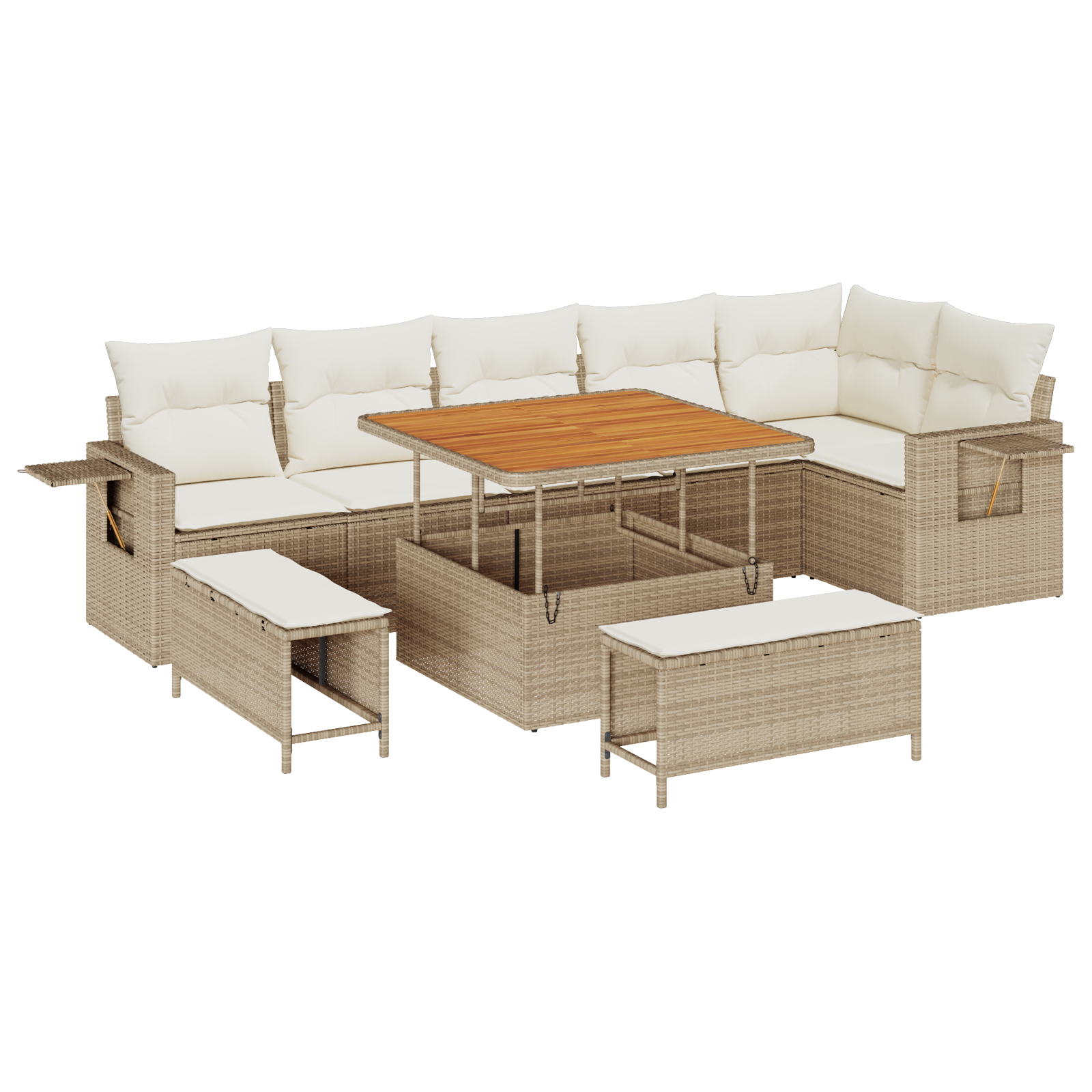 Set Divano da Giardino  9 Pezzi con Cuscini Beige Polyrattan Acacia