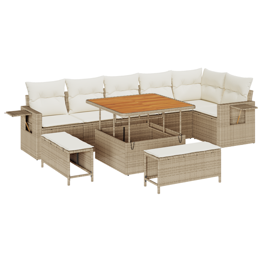 Set Divano da Giardino  9 Pezzi con Cuscini Beige Polyrattan Acacia