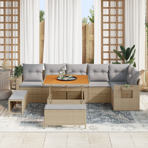 Set Divano da Giardino  9 Pezzi con Cuscini Beige Polyrattan Acacia