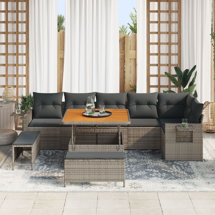 Set divano da giardino 9 pezzi con cuscini grigio polirattan acacia