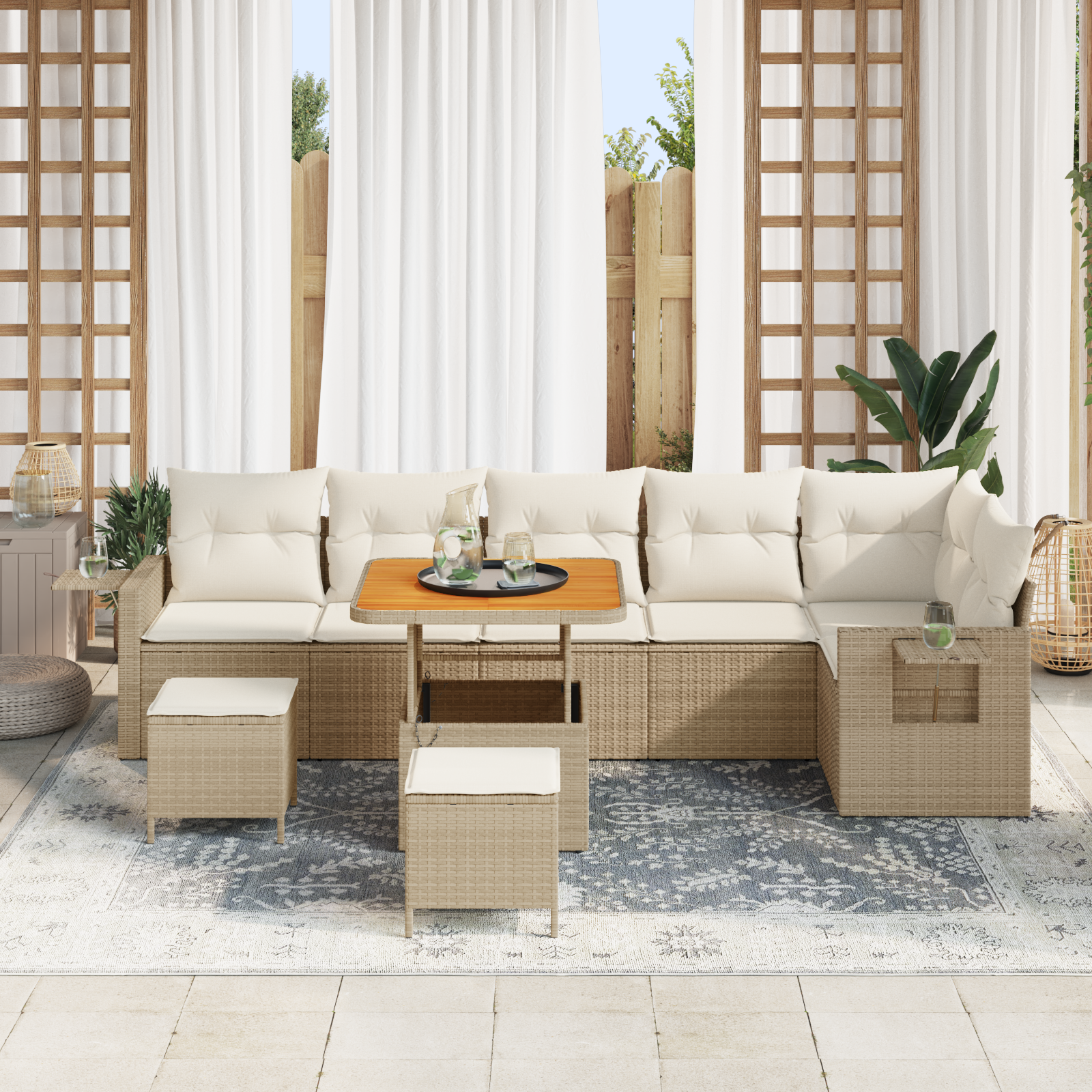 Set di Divani da Giardino  9 Pezzi con Cuscini Beige Rattan Acacia