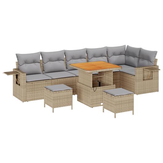 Set Divano da Giardino a 9 Pezzi con Cuscini Beige Polyrattan Acacia