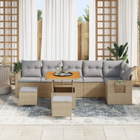 Set Divano da Giardino a 9 Pezzi con Cuscini Beige Polyrattan Acacia