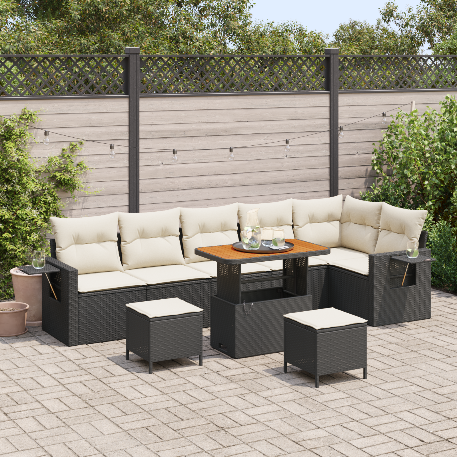 Set Divano da Giardino  da 9 Pezzi con Cuscini Nero Polyrattan Acacia