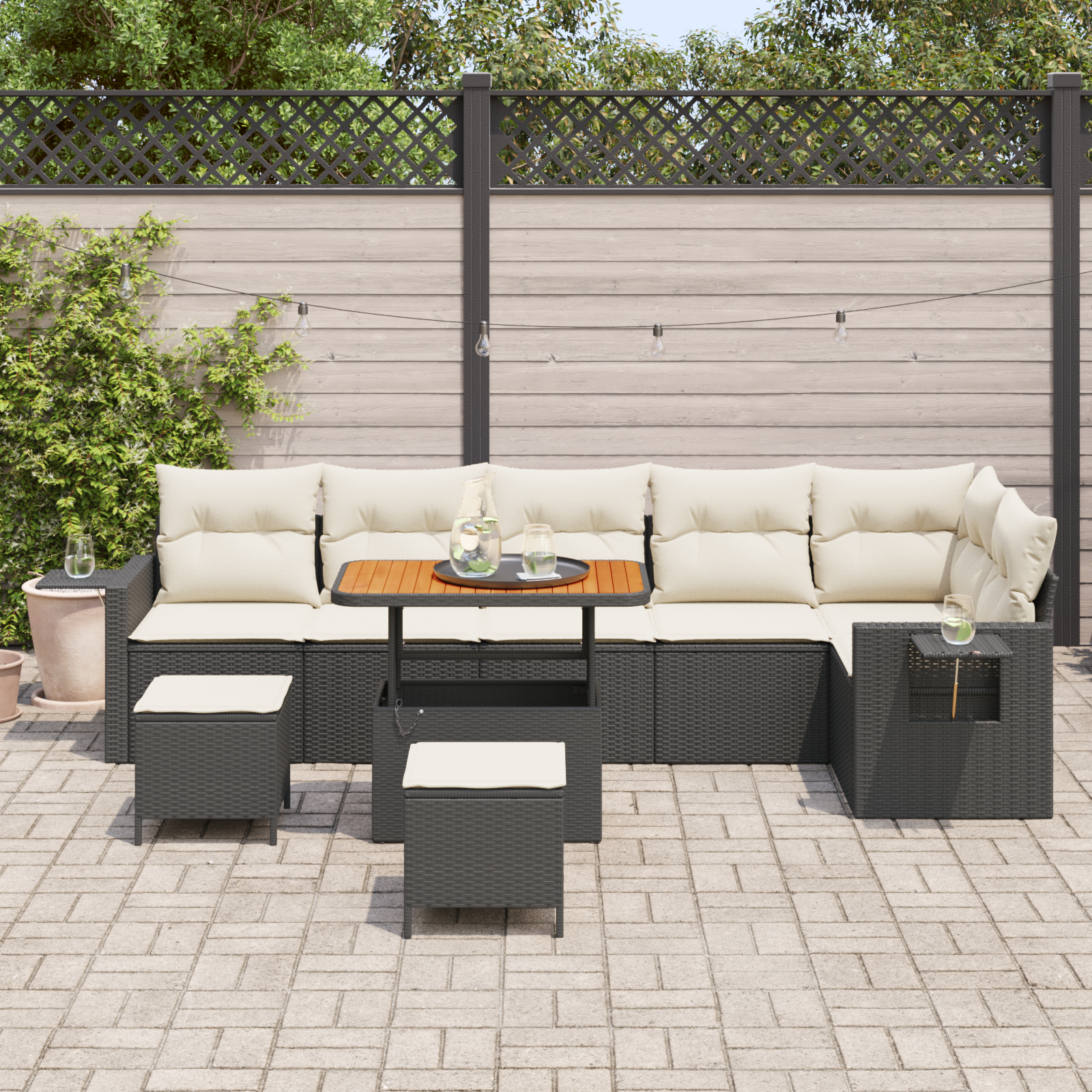 Set Divano da Giardino  da 9 Pezzi con Cuscini Nero Polyrattan Acacia