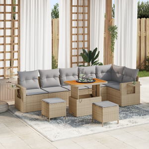 Set Divano da Giardino  9 Pezzi con Cuscini Beige Polyrattan Acacia